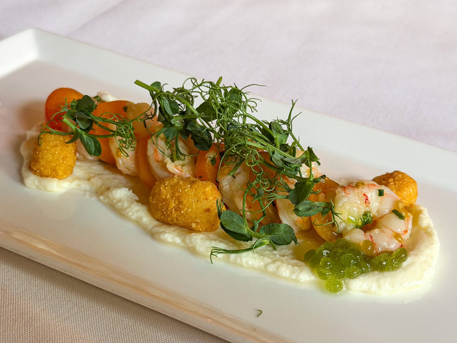 Royal Red shrimp with stracciatella mousse and pea shoots