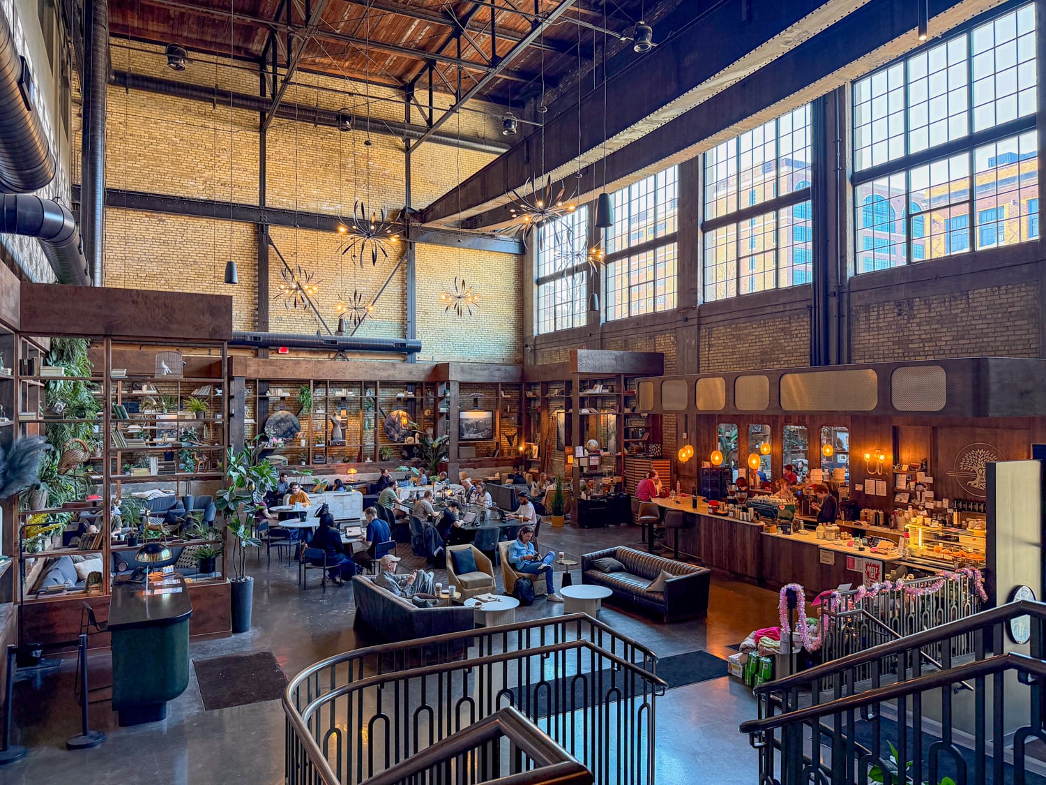 Spacious warehouse interior at Backstory Coffee Roasters in the North Loop