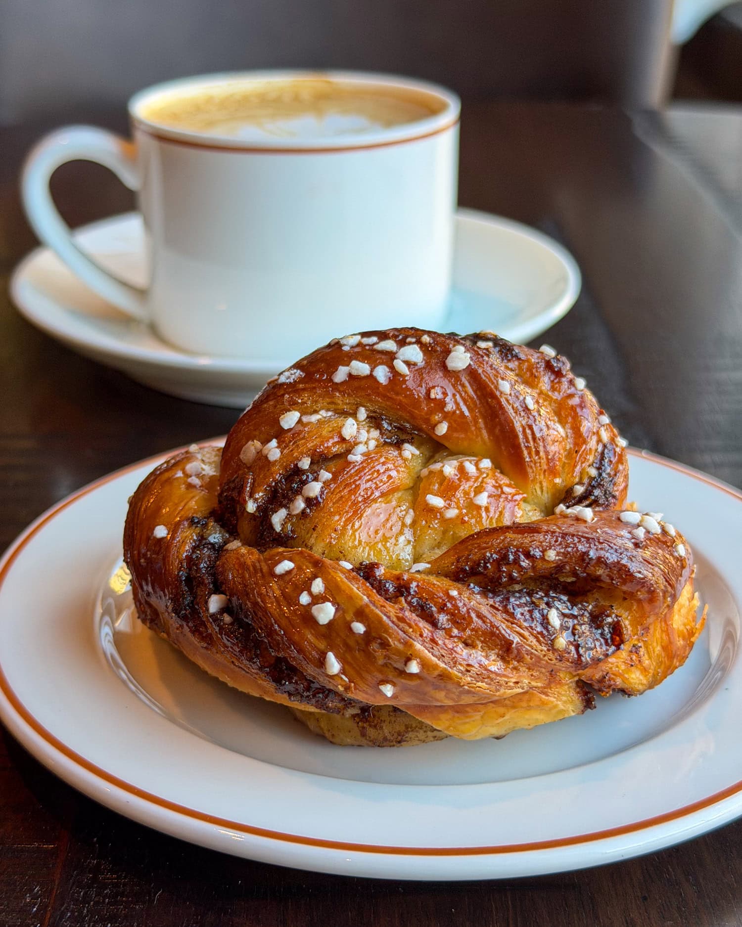 Cardamom bun and cappuccino at Bellecour in Minneapolis