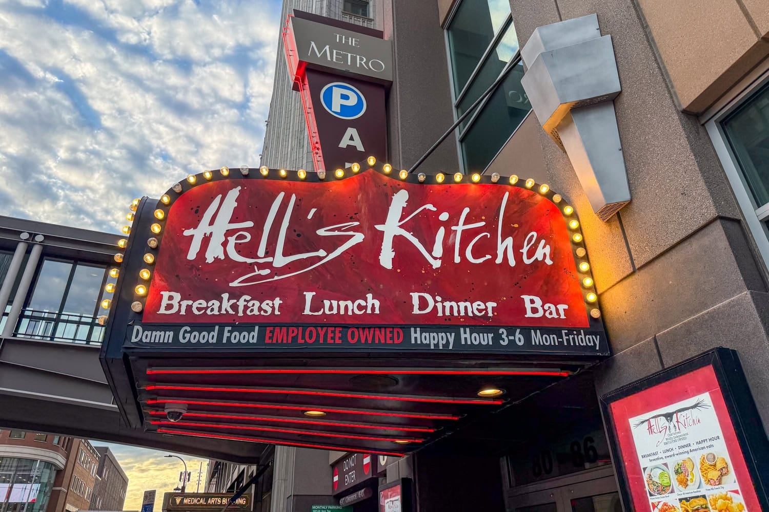 Hell's Kitchen marquee outside the employee-owned restaurant in downtown Minneapolis
