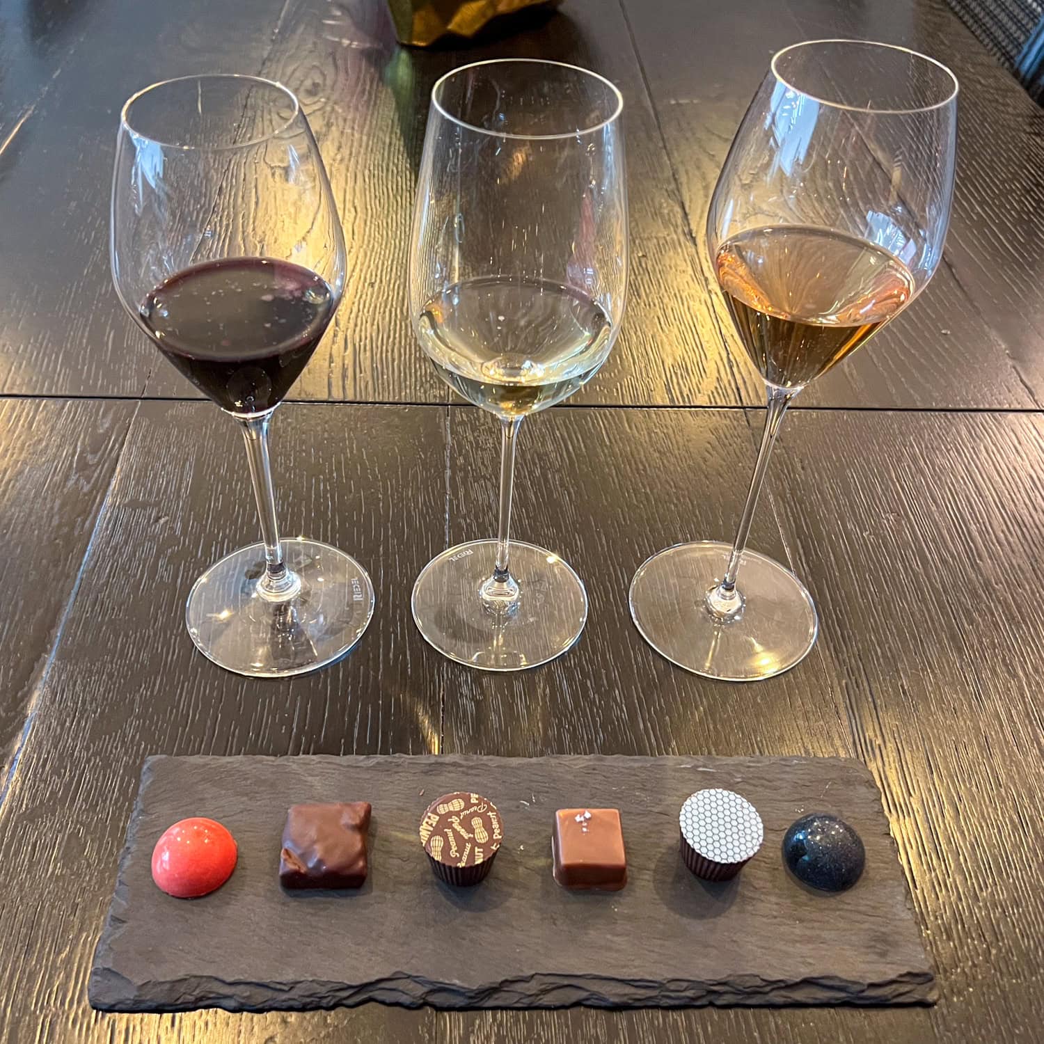 Three wines paired with six artisan chocolates at Hill Country Chocolate