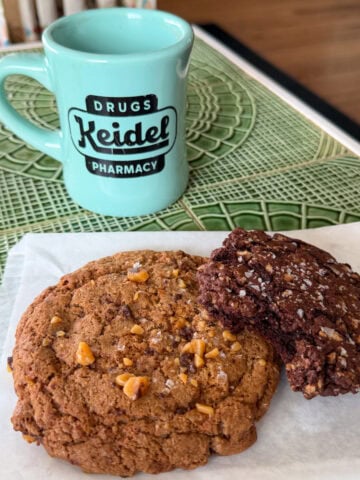 Hazelnut espresso-toffee and chocolate-spiced pecan cookies with coffee at The Pharmacy in Fredericksburg