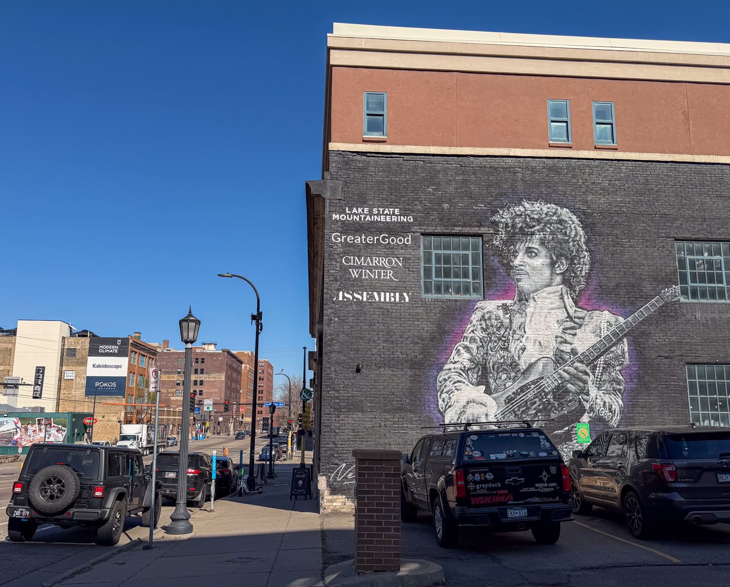 Prince mural on a brick building in the North Loop of Minneapolis