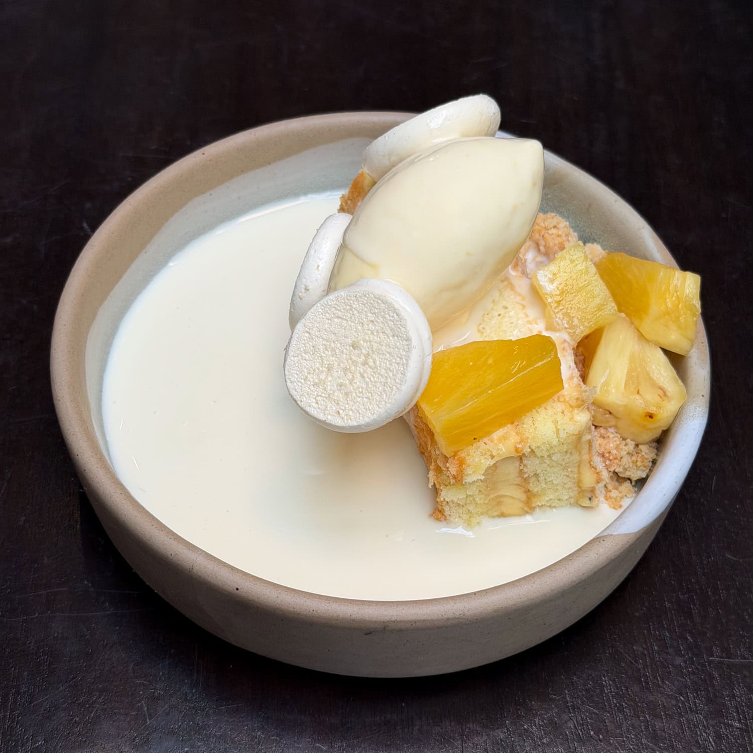 Honey and cream cake with pineapple, meringue and beeswax ice cream at Spoon and Stable