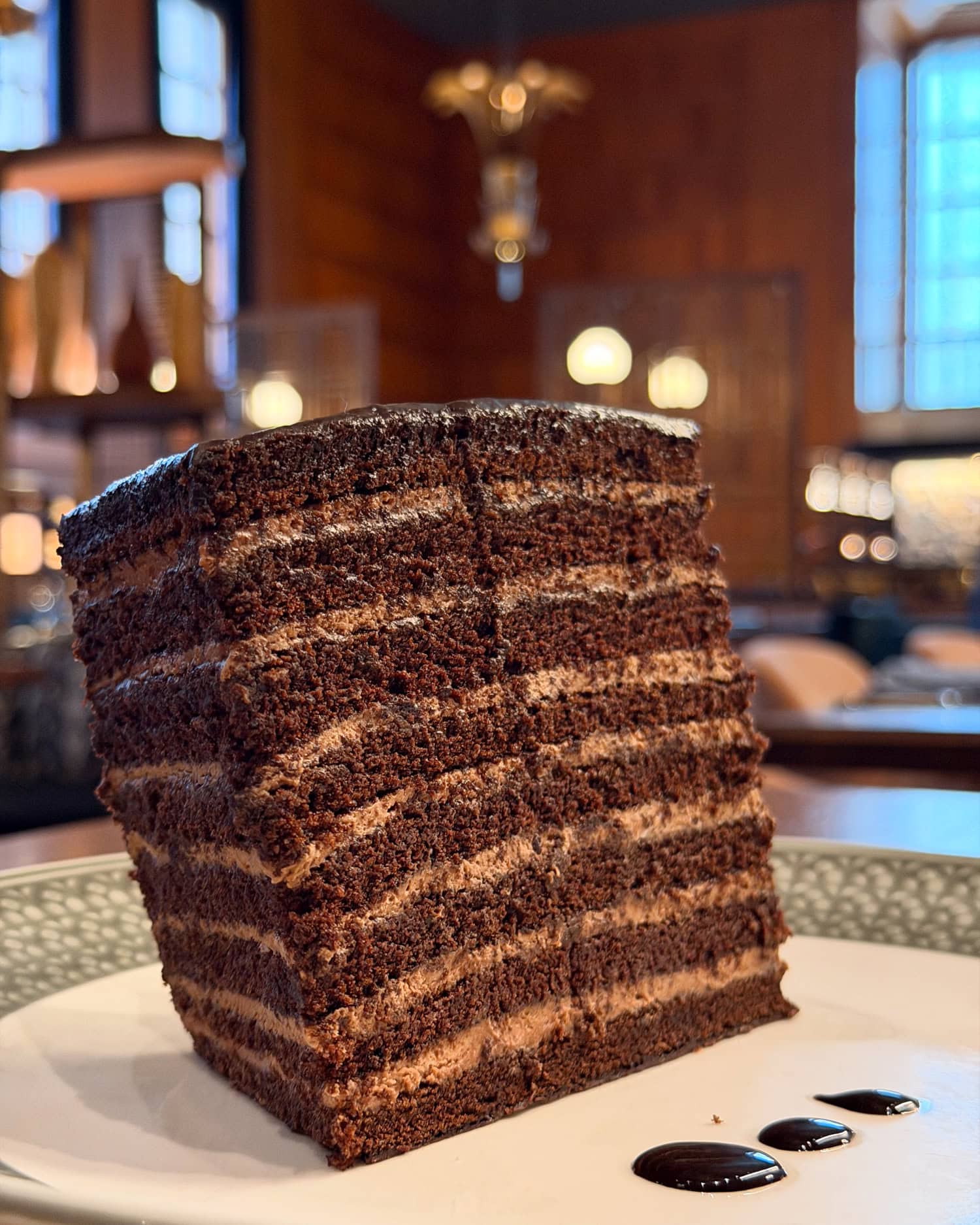 Sixteen-layer chocolate cake served at Stock & Bond in downtown Minneapolis