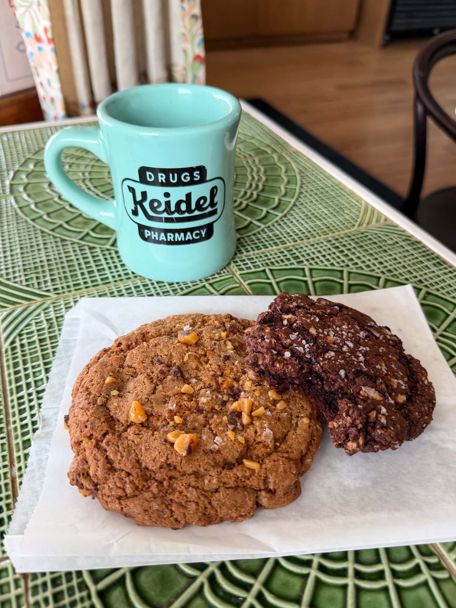 Hazelnut espresso-toffee and chocolate-spiced pecan cookies with coffee at The Pharmacy in Fredericksburg