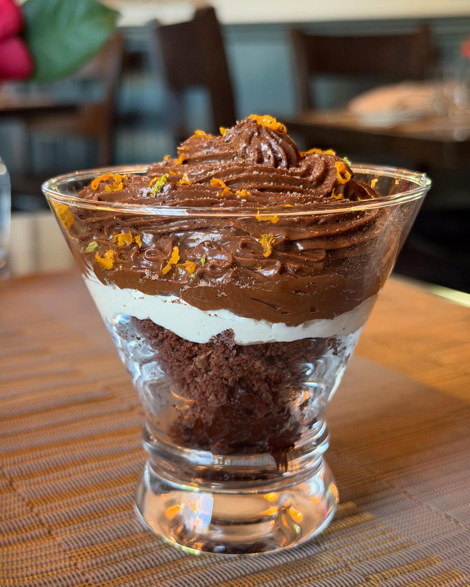 Layered dark chocolate mousse in a glass at Decant in Medford