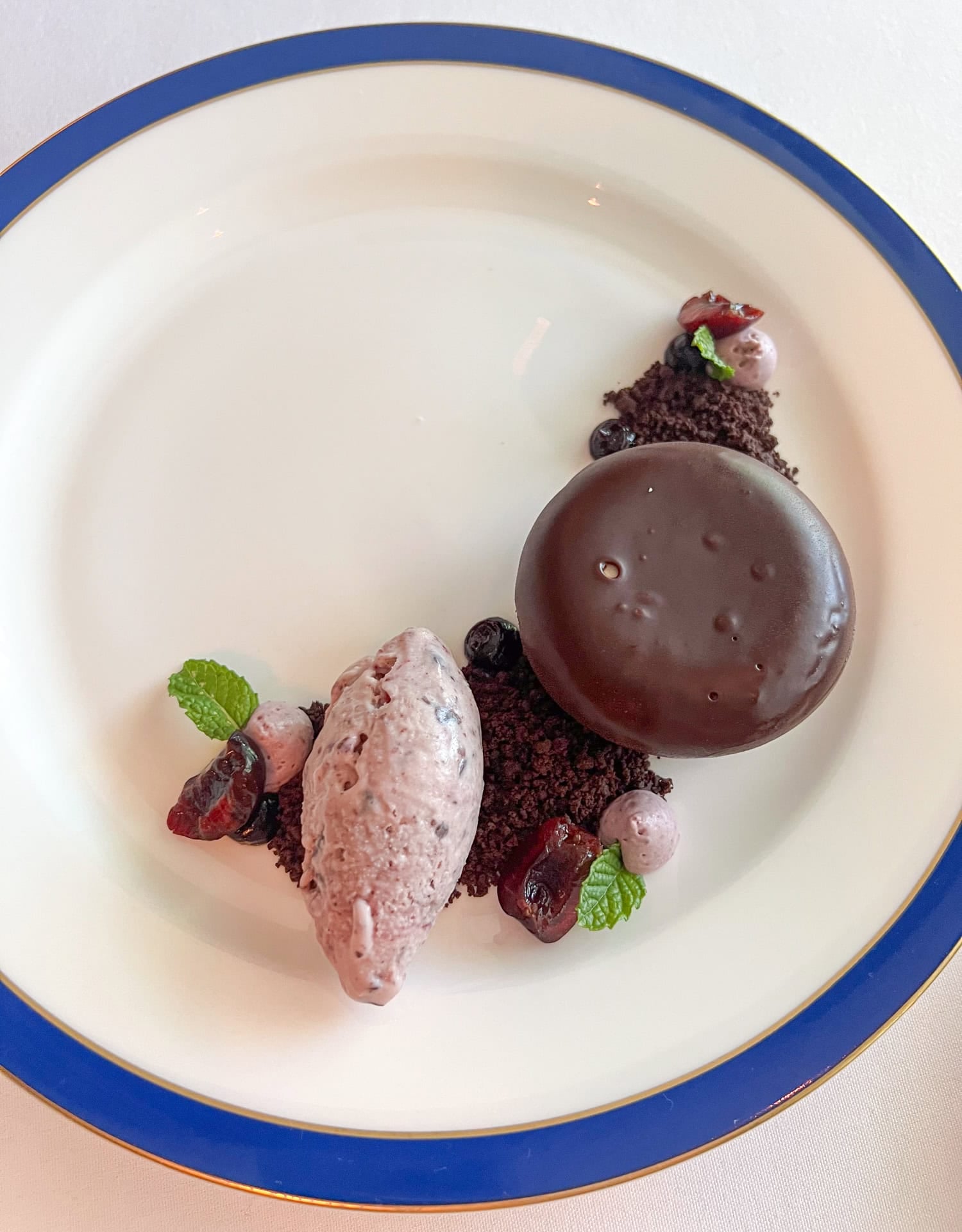 Glossy chocolate dome with chocolate crumbs, fruit, mint leaves, and a pink quenelle on a blue-rimmed plate.